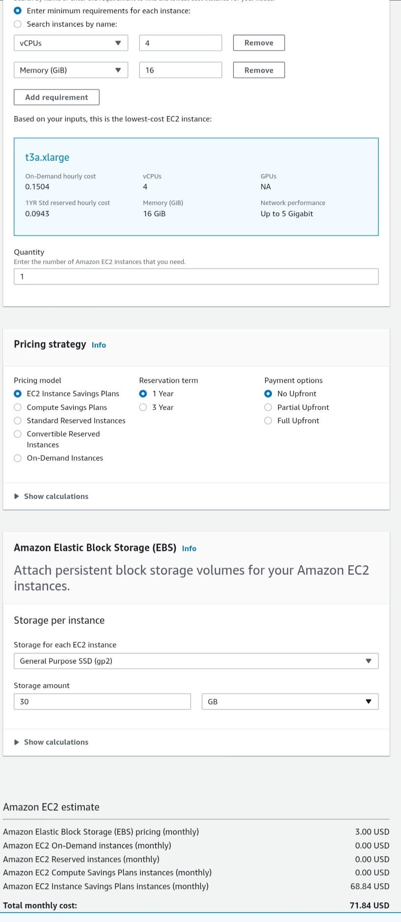 AWS instance 4cr 8gb cost